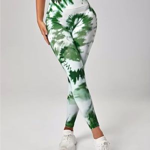 Green And White Tie Dye Leggings, Sports Fitness Yoga Running Pants, Women's